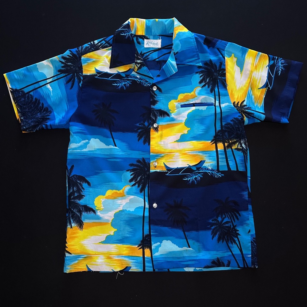 Vtg Kole Kole Aloha Shirt Mens Medium Blue Yellow Sunset Palm Canoe Hawaii Retro